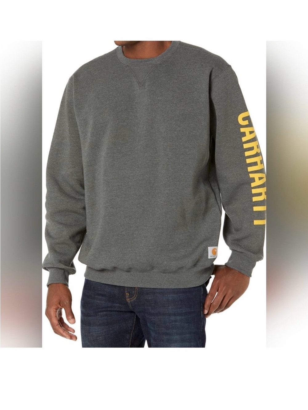 Carhartt Men's Gray Crewneck Sweatshirt with Yellow Sleeve Logo Text